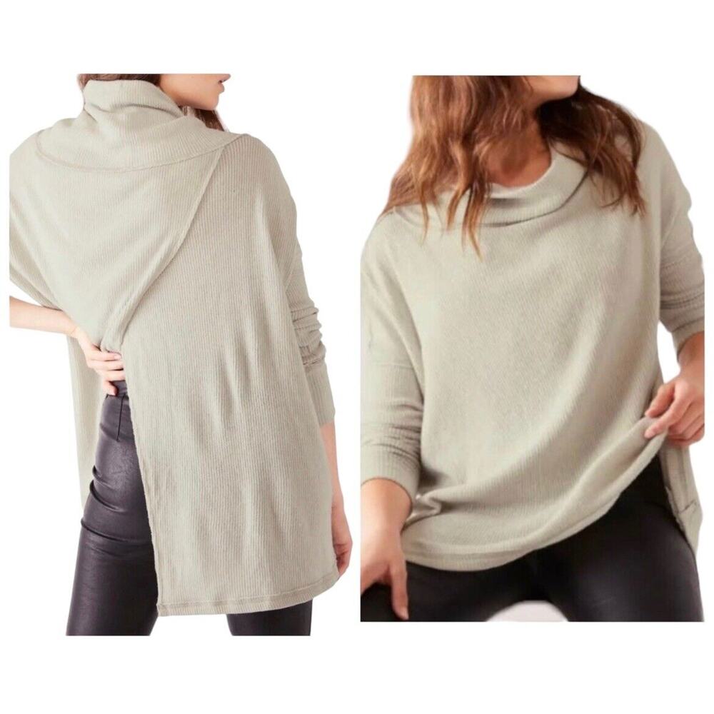 Free People Juicy Long Sleeves Top Sz XS Stone Cold Beige Oversized Split Back